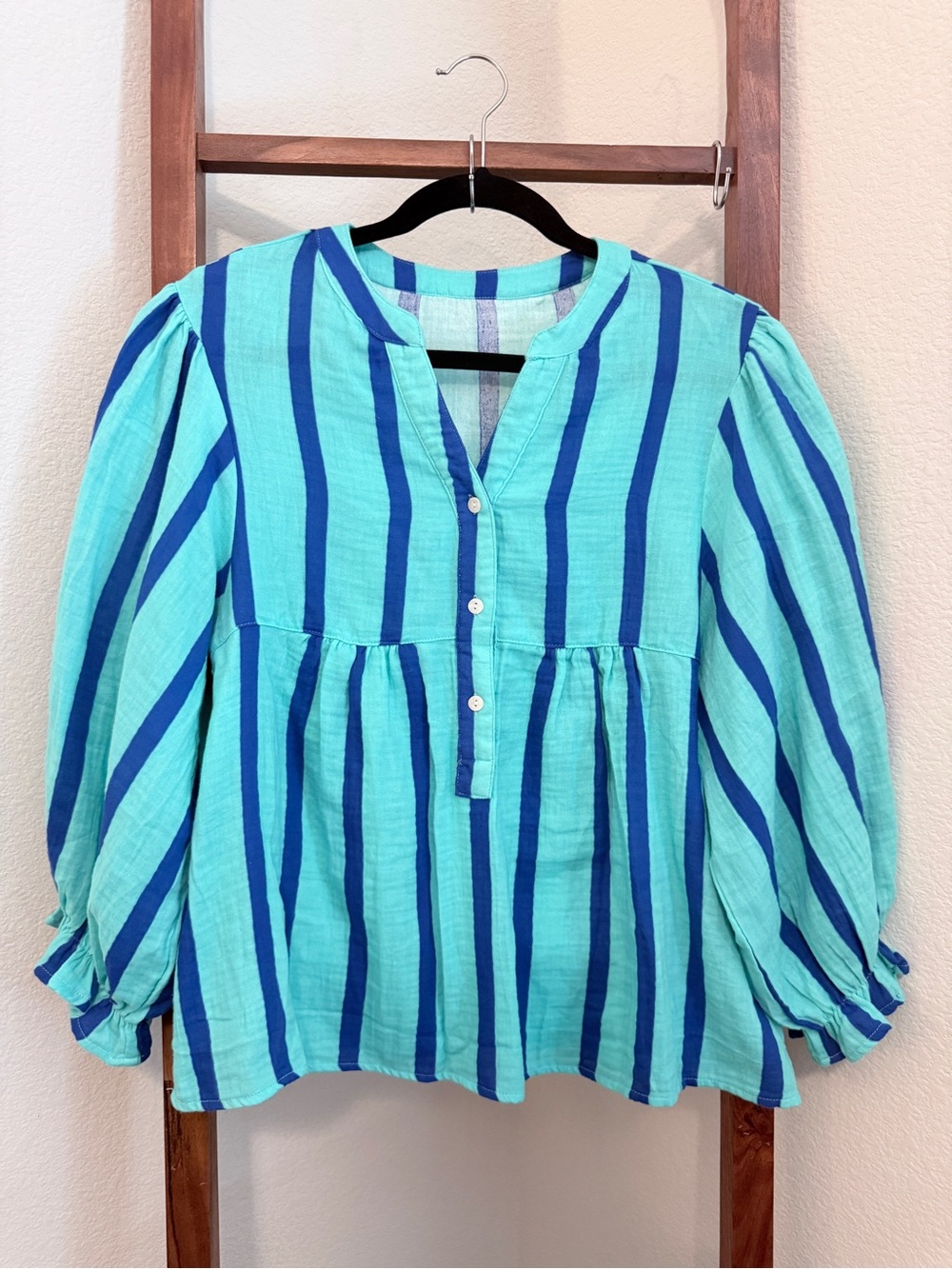 Striped Cotton Peasant Blouse in Aqua & Royal Blue